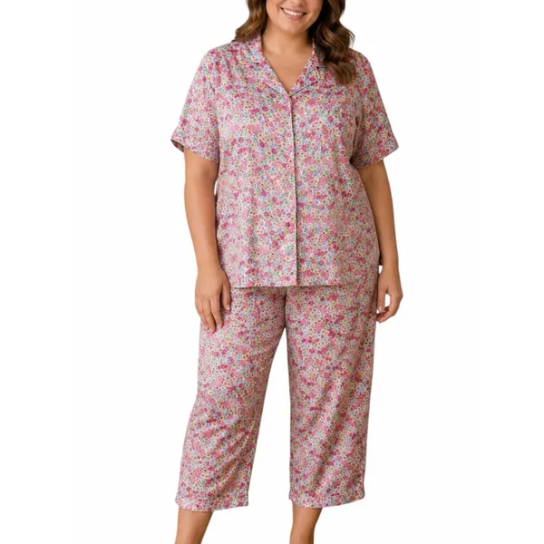 Cabernet Floral Satin Pajama Set XL Button Front Short Sleeve Lounge Sleepwear - Image 12
