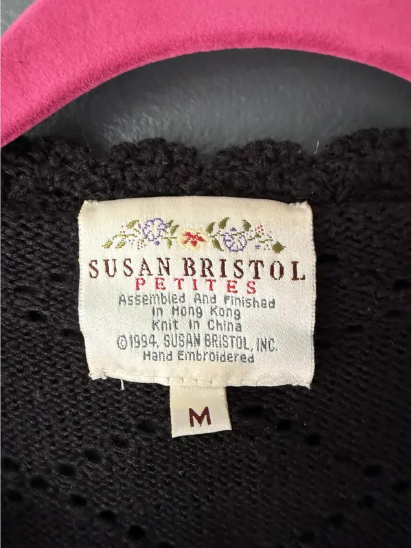 Susan Bristol Petites Hand Embroidered Black Knit Cardigan Sweater Medium - Image 3