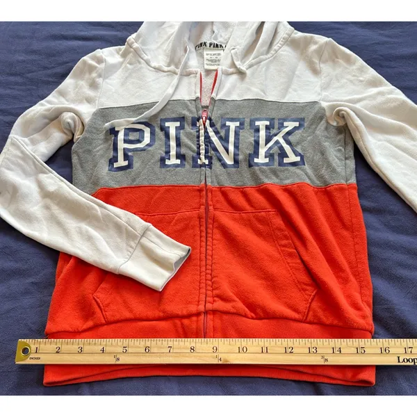 Victorias Secret PINK Full Zip Hoodie XS Red/Orange Colorblock Sweatshirt - Image 4