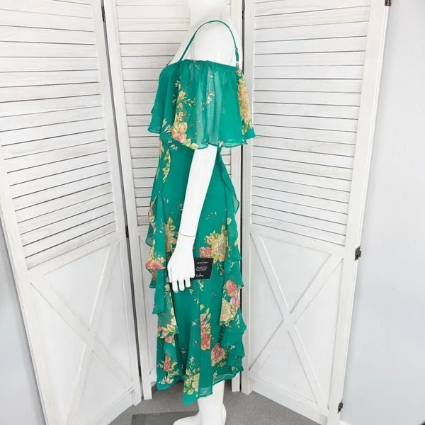 Lulus Romantic Love Floral Chiffon Ruffle Cold Shoulder Midi‎ Dress Green XS - Image 3