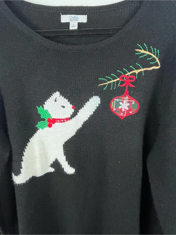 CROFT & BARROW Black Cat Graphic Long Sleeves Knit Sweater Size Large Christmas - Image 6