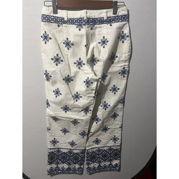 Mango White Blue Geometric Embroidered Wide Leg Cropped Pants Size‎ 4 NWT - Image 6