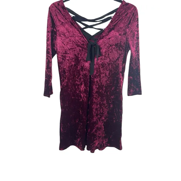 A Byer 90s Y2K Burgundy Crushed Velvet Black Tie Up Back V-neck Dress L Holiday - Image 6
