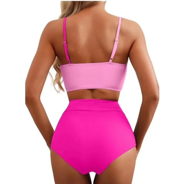 NWT Hot Pink Colorblock 2 Piece High Waisted Scoop Neck Bikini Set- Medium‎ - Image 2