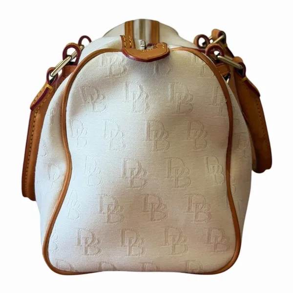 Vintage Dooney & Bourke White Monogram Canvas Barrel Satchel Bag Leather Trim - Image 6
