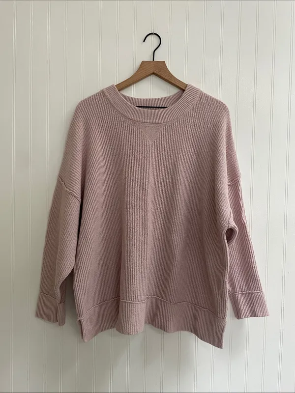 AERIE Ribbed Texture Crewneck Sweater Exposed Seams Soft Chenille Pink Size L - Image 2