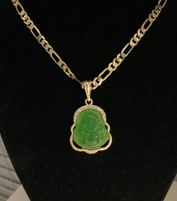 Plated Gold Green Buddha Pendant & Necklace - Image 2