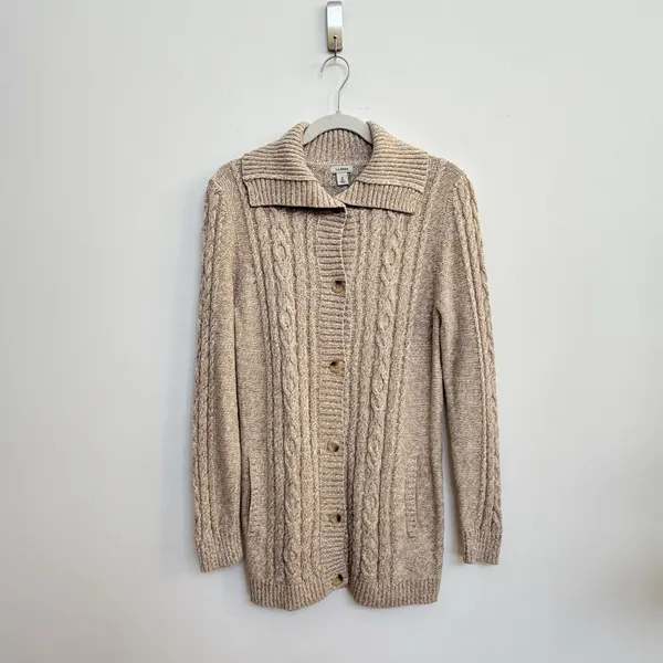L.L. Bean Cable Knit Fisherman Cardigan Sweater Beige Cotton Button Front‎ M - Image 7