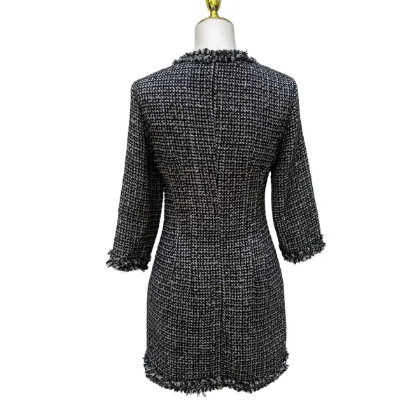 Zara‎ Tweed Mini Dress Size M Black Blue Gold Button Frayed Trim Classic Preppy - Image 5