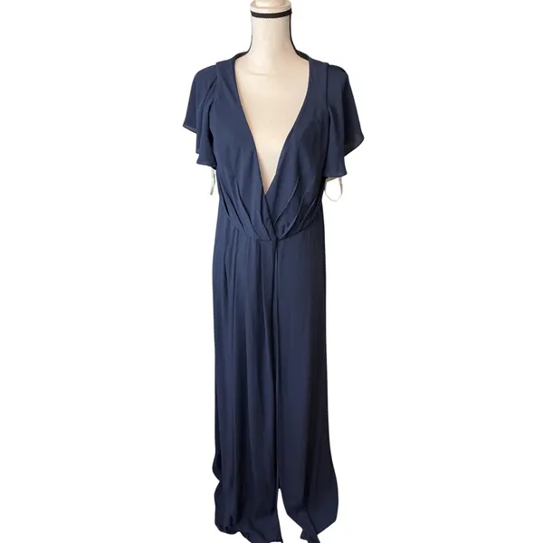 David's Bridal Navy Blue Flutter Sleeve V-Neck Chiffon Maxi Dress F19951 Size 6 - Image 2