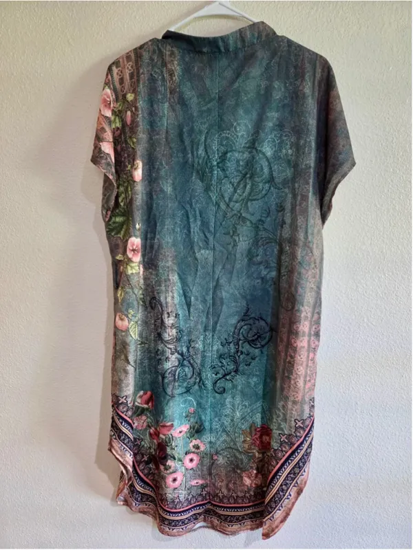 Vintage Floral Border Print V-Neck Kaftan Shift Dress Sage Teal XL W-251 - Image 3