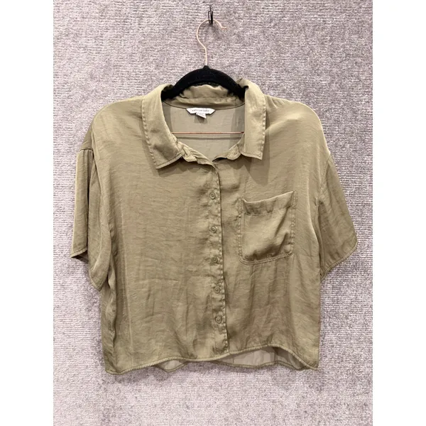 American Eagle Womens Button Down Shirt Small Olive Green Short Sleeve Boxy Fit - Image 2