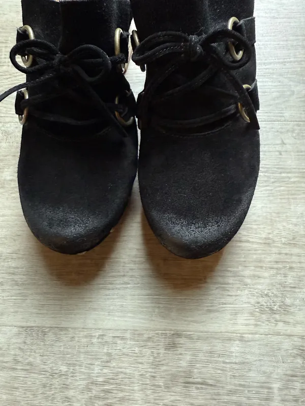 Korks Woodley Black Suede Boho Wooden Platform Clogs Mules Size 10  - Image 5