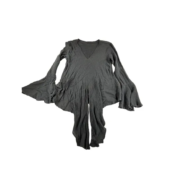 Ruffled Bell Sleeve V-Neck Black Tunic Top Asymmetrical Hem Womens L Gauze - Image 5
