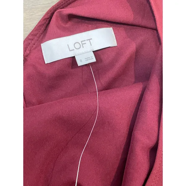 LOFT Sleeveless Sheath Dress Size 8 Burgundy V Back Tie Waist Fully Lined - Image 3