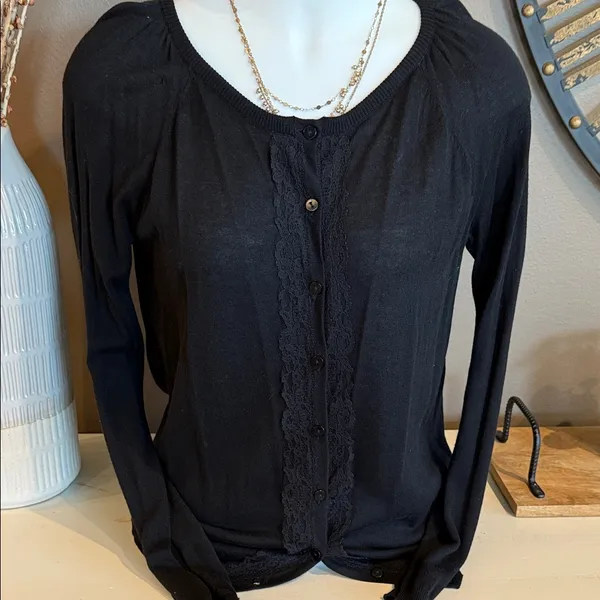 METAPHOR Lightweight Black Cotton Blend Button Up Cardigan Lace NWT Size Large - Image 3