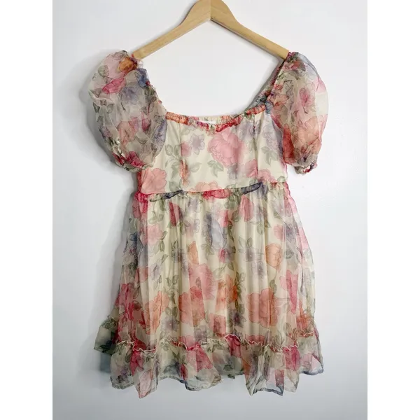 Coco & Jaimeson‎ Floral Puff Sleeve Cottagecore Babydoll Mini Dress Romantic LG - Image 2
