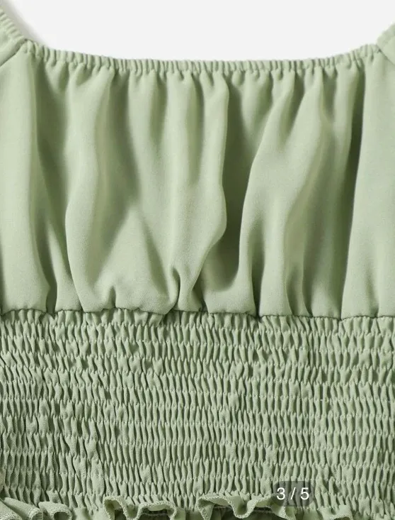 Solid Ruched Bust Scoop Neck Shirred Blouse - Image 3