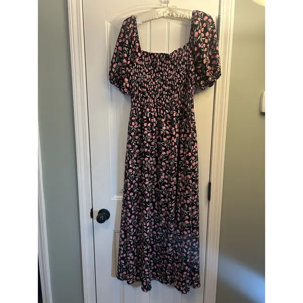 BTFBM Floral Smocked Cottagecore Maxi Dress Puff Sleeve Black Pink Large - Image 12