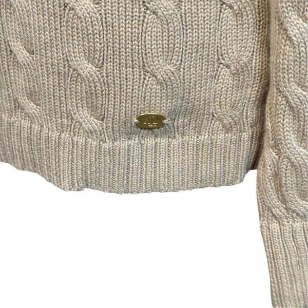 Lauren Ralph Lauren Camel Cable Knit Sweater Gold Buttons XL Boat Neck Old Money - Image 6
