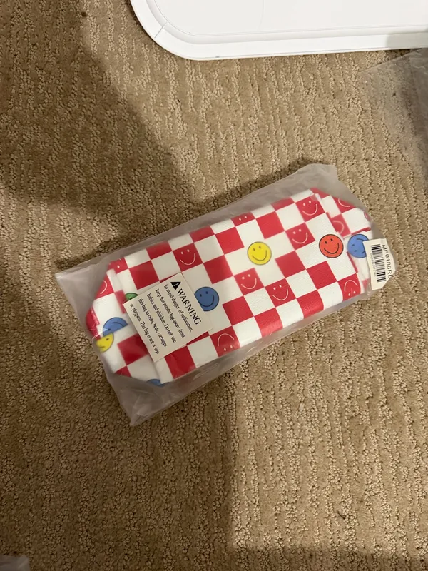Red and White Checkered Smiley Face Cosmetic Pouch - Image 3