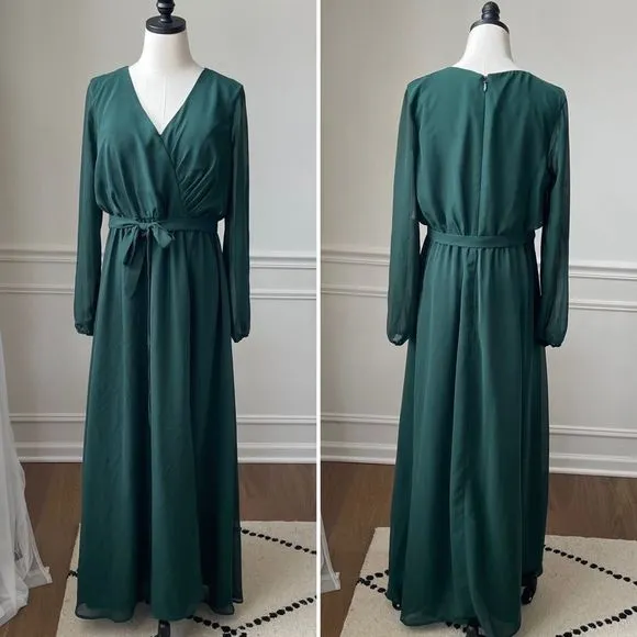 JJs House Dark Green Chiffon Long Sleeve Formal Gown Dress Prom Bridesmaid 10 - Image 2