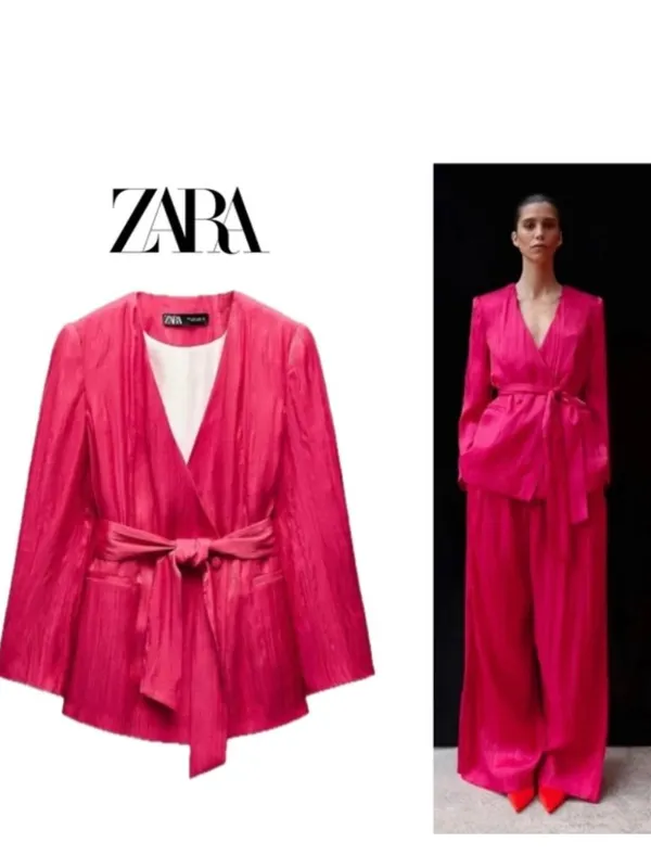 NWT ZARA Women's Blazer Wrinkle Effect Belted fuchsia Hot Pink Medium - Image 4