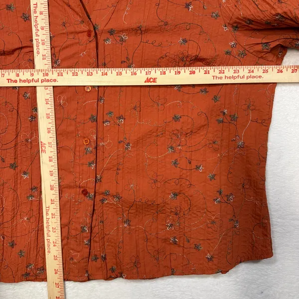Dressbarn 3X Orange Floral Embroidered Button Up‎ Blouse V-Neck Boho Pintuck - Image 8