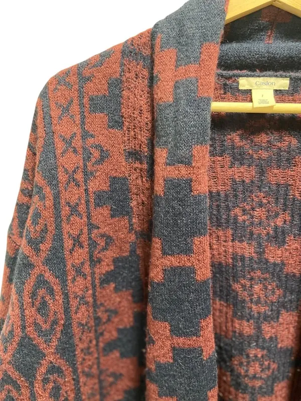 Caslon Southwestern Print Fringe Cardigan Navy Blue Size L Western Coastal Boho - Image 8