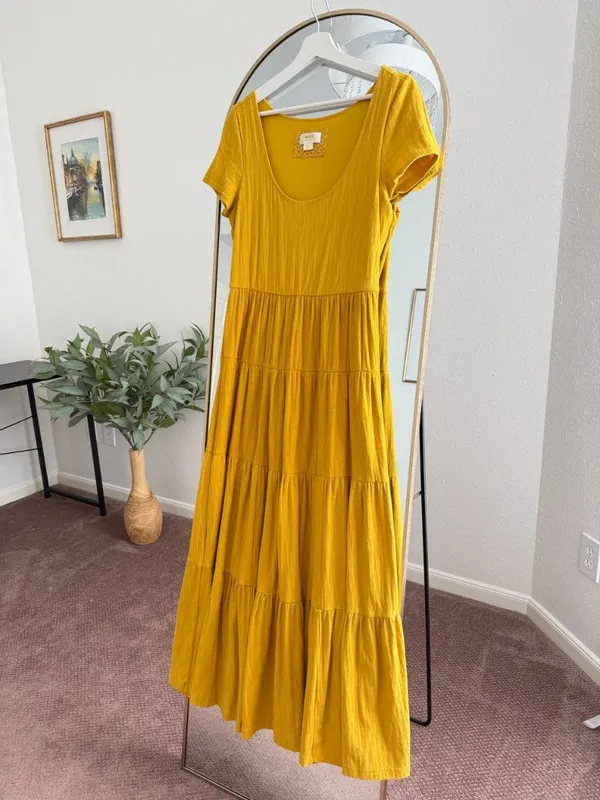 Anthropologie, Maeve, Gillian, Mustard, Tiered, Maxi Dress, Cotton, Puff Sleeve - Image 4
