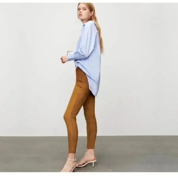 ZARA Faux Suede Legging Trouser Medium Camel Brown Seamed Ankle-Zip SZ M #1128 - Image 2