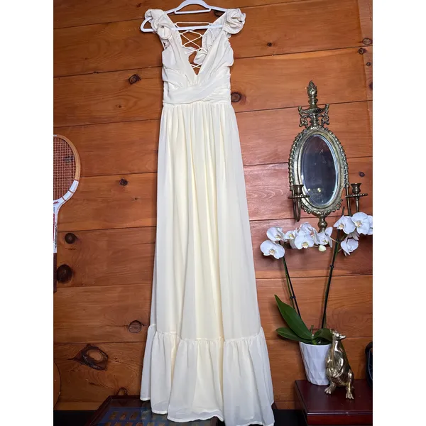 NWT Lulus Soiree Celebration Light Yellow Ruffled Lace-Up Maxi Dress Tiered S - Image 2