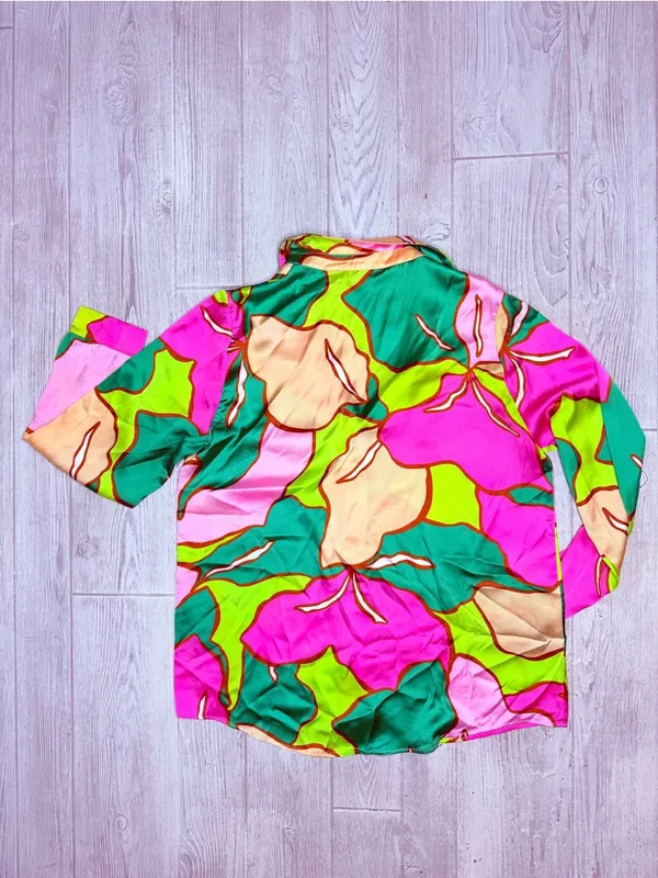Zara long sleeve button front geometric bright blouse shirt size large - Image 7