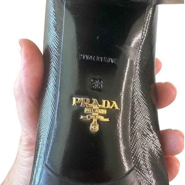 Prada Saffiano Vernice Square Toe Buckle Block Heel Pumps Black EU 38 US 8 - Image 9