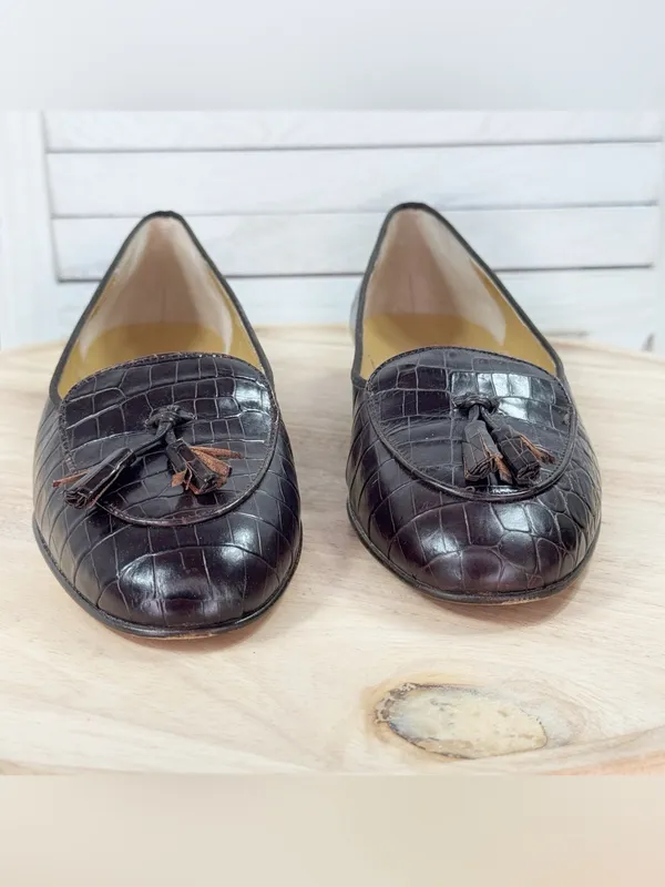 Brooks Brothers Croc Embossed Leather Tassel Loafers Brown 10 AA Narrow - Image 2