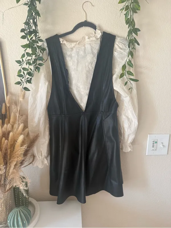 Zara Black Faux Leather Mini Dress with Gold Buttons - Image 3