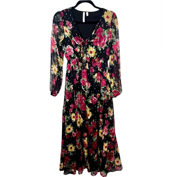 1775 Floral Maxi Dress Small Metallic Dot Long Sleeve Boho Cottagecore - Image 3