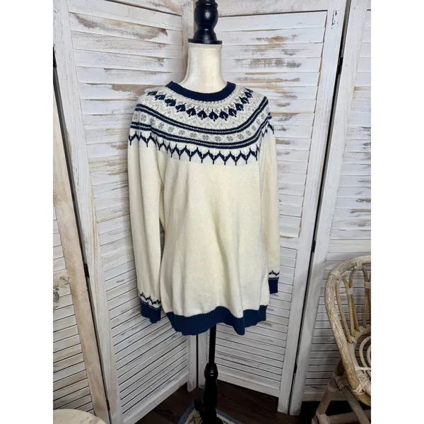 AMOUR VERT Women's XL Whistler Nordic Fair Isle Ribbed Knit Sweater Navy Cream - Image 4