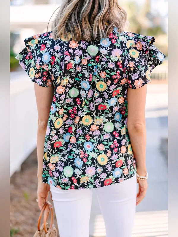 Entro Floral Ruffle Poplin V‎ Neck Blouse Size Large - Image 2