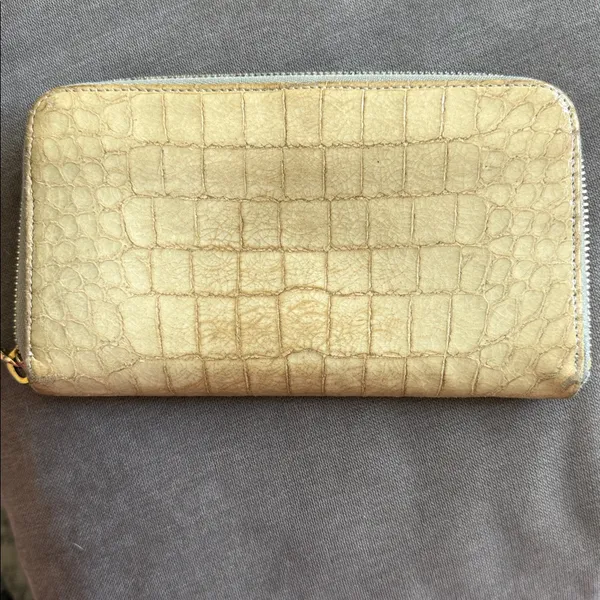 Miu Miu Metallic Gold Croc-Embossed Wallet with light blue interior. - Image 6
