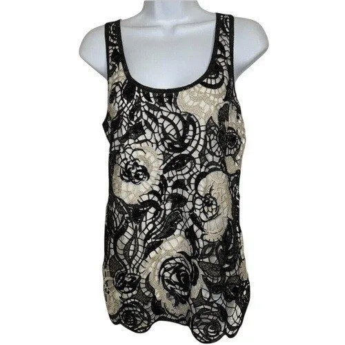 EXPRESS Black and Ecru Crochet Sequin Adorned Scalloped Hem‎ Top EUC Size Small - Image 2