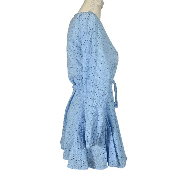 GB Eyelet Lace Mini Dress Womens L Light Blue Braided Tie Waist Long Sleeve Boho - Image 4