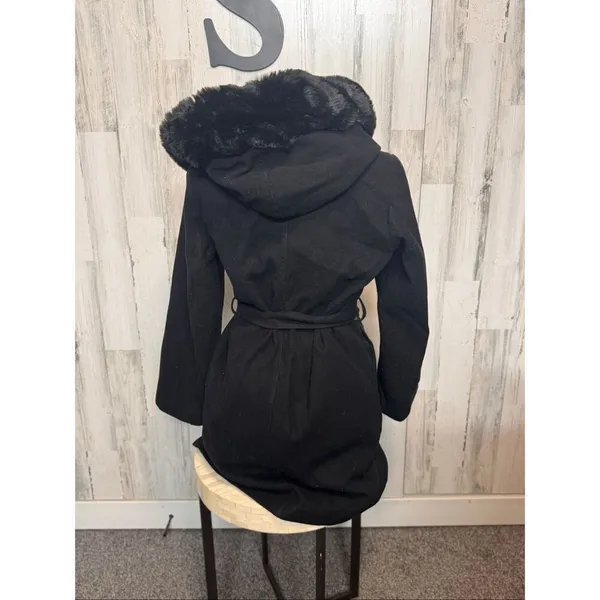 H&M Black Trench Coat Small | Faux Fur Collar Hooded Belted Winter Coat - Image 4