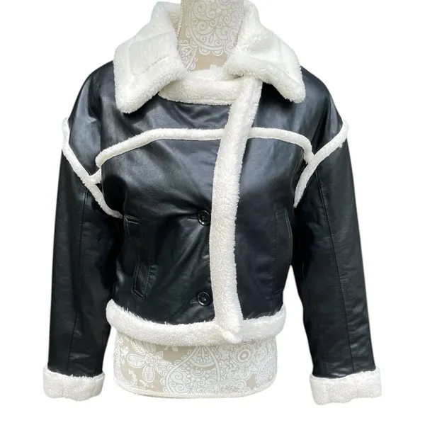 Hollister Cropped Moto Jacket S Black Vegan Leather Faux Fur Sherpa Lined Y2K - Image 12