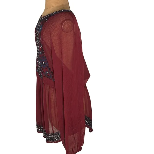 Free People Promesa Peasant Tunic Blouse Sheer Beaded Embroidered Boho M Indie - Image 5