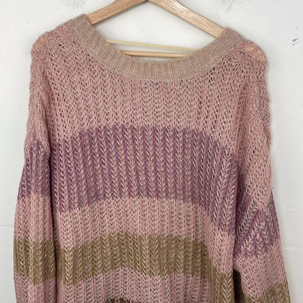 Democracy Chunky Knit V Neck Striped Relaxed Fit Sweater Pullover size XL - Image 9