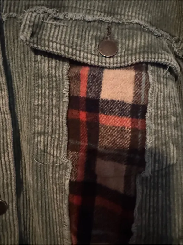 Easel Plaid Panel Contrast Corduroy Trucker Jacket Sage Green Medium - Image 4