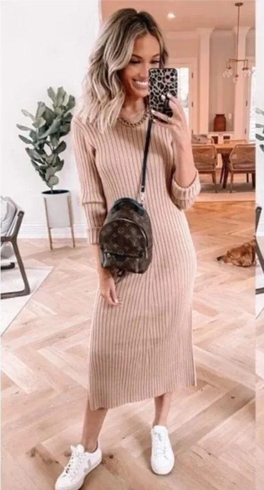 WAYF Dede x Emily Hollie Sweater Dress S BFFC Ribbed Knit Midi maternity tan - Image 2