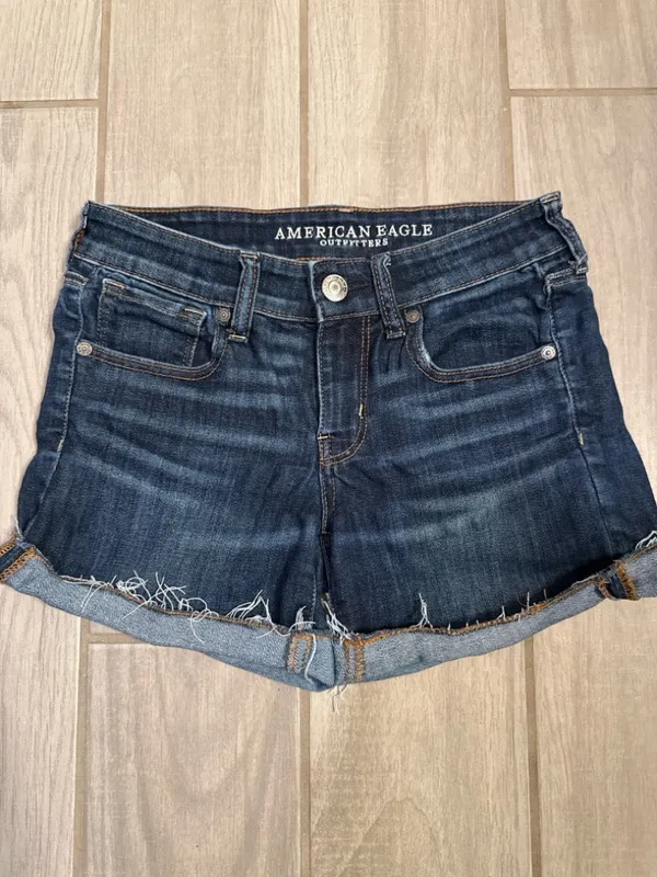 American Eagle Outfitters Dark Blue Denim Frayed Hem Jean Shorts - Image 3