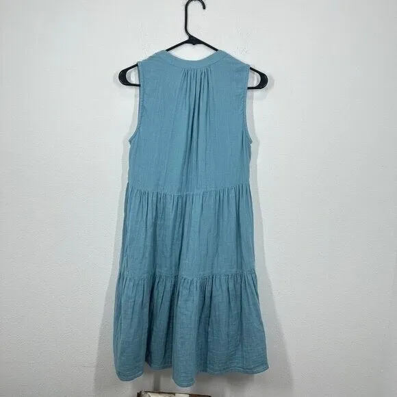 Sundry for Evereve Size 0 Light Blue Brushed Cotton Tiered V Neck Mini Dress - Image 2